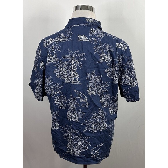 Penguin Large Hawaiian Aloha Shirt Floral Palms Tiki Hut Blue Short Sleeve - Picture 4 of 4